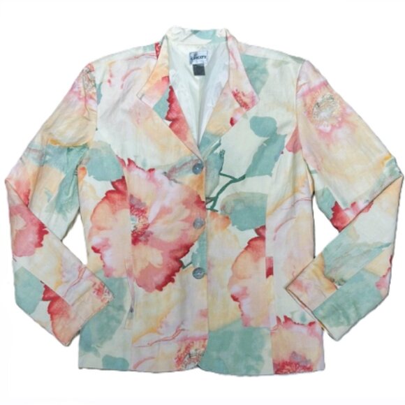 Chico’s Watercolor‎ Floral Linen Blazer Chico's Size 1 (US M) Pastel Fully Lined - Picture 1 of 15
